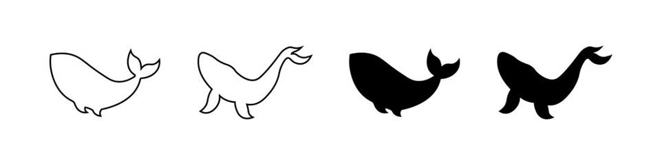 Whale set icons. Linear and silhouette style. Vector icons.