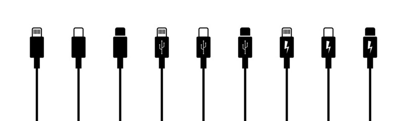 USB connection set icons. Silhouette and linear style. Vector icons.