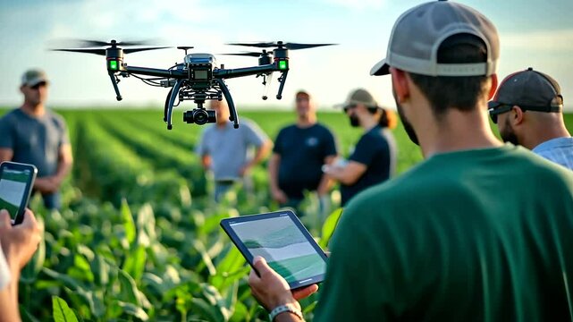 A field workshop where an agronomist is using a drone to demonstrate precision farming, with farmers watching the live feed on a screen