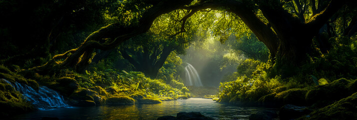 Beautiful fantasy deep jungle with a winding river and ancient trees arching overhead