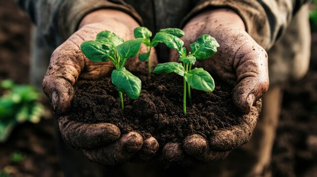Close-up of hands holding soil with young seedlings, symbolizing growth and sustainability in farming.