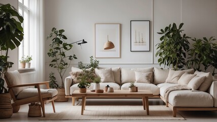 Bright airy living room with scandinavian minimalist decor