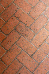 Textured red brick pavement featuring a herringbone pattern in a sunny outdoor setting