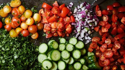 Colorful ingredients laid out for a salad, including tomatoes, cucumbers, and herbs.