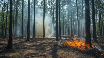 Fototapeta premium Controlled burn in a forest for fire management, with small flames and smoke visible in a carefully managed area.