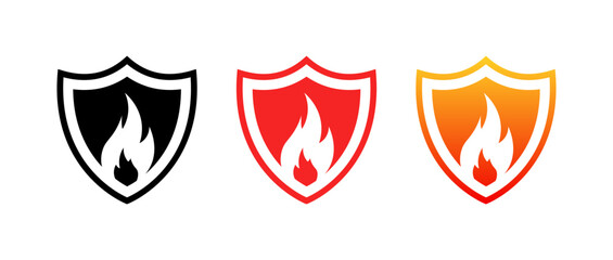 Fire shield set icons. Silhouette and flat style. Vector icons.
