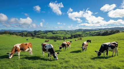 Cows grazing in a lush pasture under a bright blue sky on an organic farm.