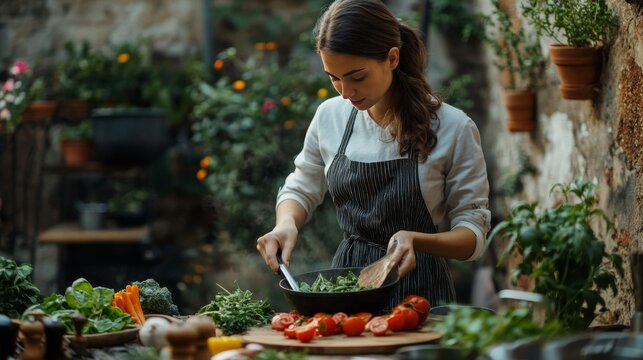 Young chef streams webinar cooking class outdoors