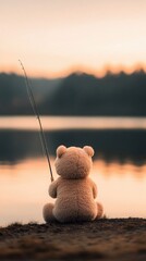 A plush teddy bear fishing by a serene lake at sunset, creating a tranquil and whimsical atmosphere.