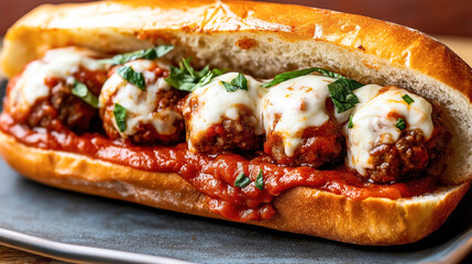A close-up photo of a meatball sub with marinara sauce and melted cheese, garnished with chopped herbs, on a hoagie roll.