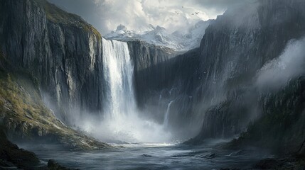 Dramatic waterfall in a remote mountain area, with towering cliffs and rugged terrain surrounding it.
