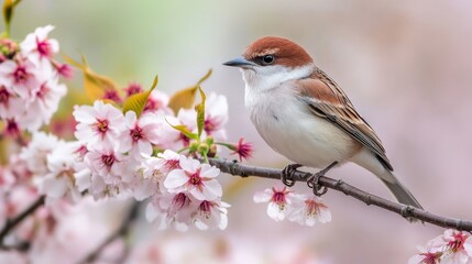 A beautiful bird perched on a branch adorned with delicate pink blossoms, showcasing nature's vibrant colors in springtime.