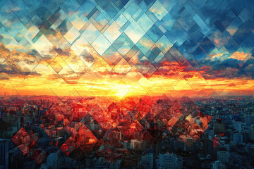 Fototapeta premium A stunning abstract diamond mosaic forms vibrant cityscape at sunset, showcasing blend of colors and geometric patterns that evoke sense of wonder and beauty