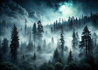 Ominous dark misty fog creeps over a deserted mystical forest, setting a hauntingly eerie atmosphere of foreboding doom and malevolent supernatural presence.