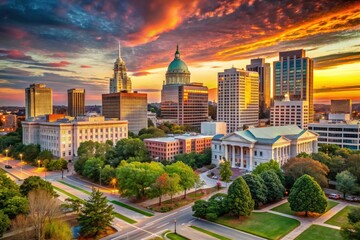 Obraz premium Panoramic view of Raleigh's vibrant downtown area at sunset, featuring sleek skyscrapers, bustling streets, and the majestic North Carolina State Capitol building's dome.