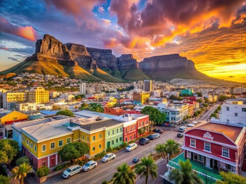 Panoramic view of vibrant Cape Town cityscape with iconic Table Mountain backdrop, colorful Bo-Kaap houses, and bustling waterfront at sunset in Western Cape, South Africa.