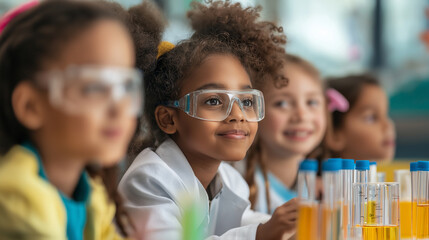 Obraz premium Group of cute school children in safety glasses with chemicals in test tubes in laboratory. Concepts. Classroom learning and science experiments and research.