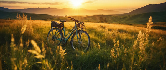 Fototapeta premium Natural beautiful spring summer mountain landscape with a bicycle in the lush tall grass in the rays of the sun at sunrise or sunset.