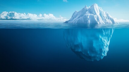 A stunning iceberg floats serenely in crystal clear water, showcasing the beauty of nature above and below the surface.