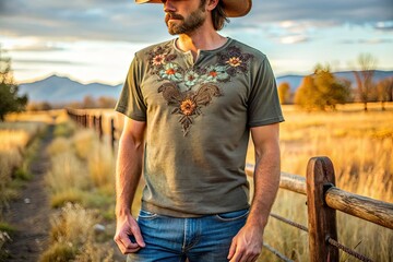 Rugged, worn, and faded, a classic western-inspired t-shirt with intricate embroidery, distressing, and a relaxed fit, evoking a sense of rugged individualism and country charm.