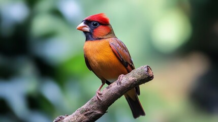 A vibrant bird perched on a branch, showcasing its striking red crown and orange body against a blurred green background.