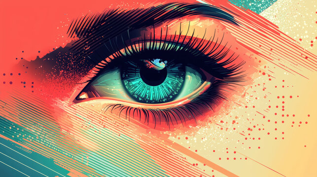 A vibrant and abstract representation of an eye, featuring digital patterns and bold colors that evoke sense of depth and intrigue. artwork combines elements of modern design with captivating gaze