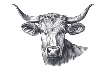 Cow, bull, farm. Vintage retro print, black white cow sketch ink pencil style drawing, engrave old school. Sketch artwork silhouette farm cow, white background. Side view profile. Illustration
