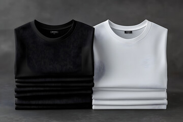 This detailed mockup effectively showcases an appealing stack of neatly folded black and white tshirts, which is ideal for effectively displaying your unique and creative apparel designs