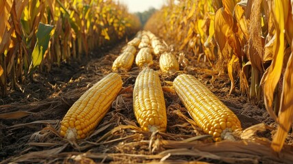 Freshly harvested corn laid out in a field, showcasing the bounty of a successful farming season.