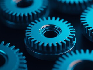 Animated cogs in a digital space, constantly moving in perfect harmony, futuristic vibe, teamwork, mechanics, coordination