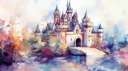 Fototapeta premium Watercolor art of a fairytale castle with soft pastel hues, creating a magical setting straight out of a children's storybook.