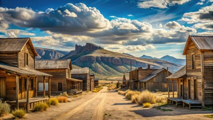 Obraz premium Rustic, sun-weathered wooden buildings line the dusty main street of a classic American frontier town, surrounded by vast open range and distant rocky outcroppings.