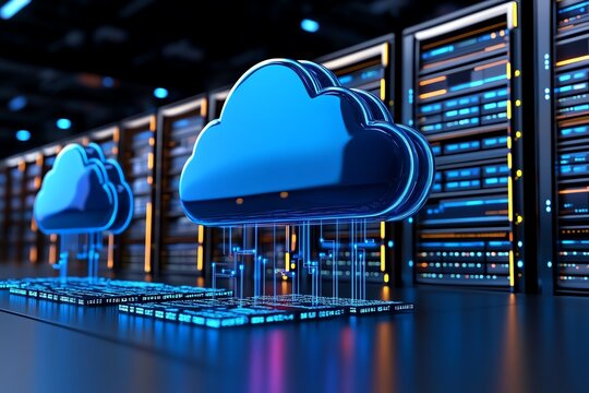 A cloud data storage facility, represented as large cloud icons connected to several databases on the ground