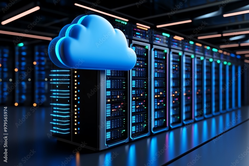 Aufkleber A cloud database infrastructure, with a virtual cloud hovering above servers, symbolizing cloud-based storage
