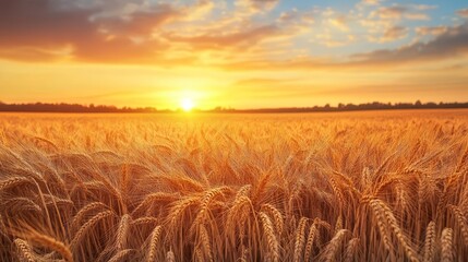 Golden wheat field under a vibrant sunset sky, showcasing nature's beauty and abundance, perfect for agricultural themes.