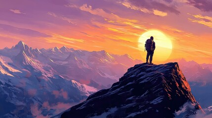 Fototapeta premium Hiker standing on a rocky summit, overlooking a breathtaking mountain range at sunset.