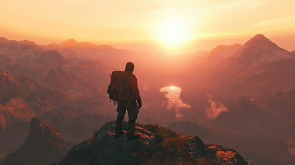 Fototapeta premium Hiker standing on a rocky summit, overlooking a breathtaking mountain range at sunset.