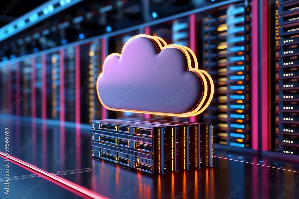 Aufkleber a cloud database infrastructure, with a virtual cloud hovering above servers, symbolizing cloud-base