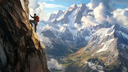 Mountain climber scaling a steep, rocky cliff with breathtaking views of distant peaks.