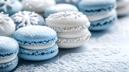 Obraz premium Assortment of macarons resembling a winter landscape, in shades of pastel blue and white with silver dust, on a soft gray canvas.