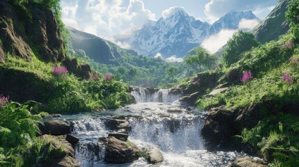 Fototapeta premium Mountain stream cascading down rocky terrain, surrounded by lush greenery and towering peaks.