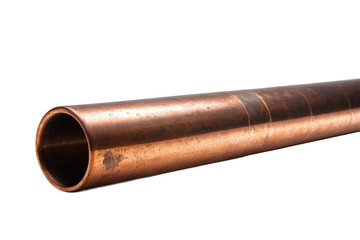 An aged, full-length, copper pipe, its worn surface reflecting a history of water passage, carefully centered against a matrix of pristine white, high-quality stock photograph, isolated contrast