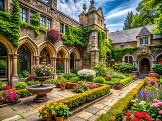 Serene outdoor haven featuring lush greenery, vibrant flowers, and ornate stonework, evoking centuries-old literary classics in a picturesque academic setting.