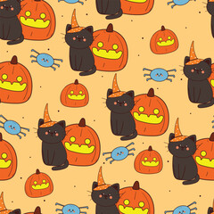 Fototapeta premium seamless pattern cartoon cat with halloween vibes. cute halloween wallpaper for fabric print, gift wrap paper
