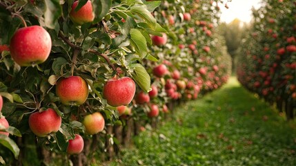 Row of apple trees in an orchard, with ripe apples ready for picking in the crisp fall air