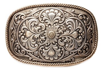 Simple, bold, and classic western belt buckle outline with ornate details, roping and floral patterns, and a subtle gradient effect on a white background.