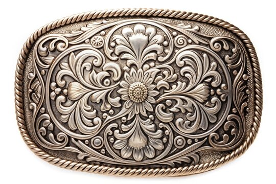 recommend clip art: Simple, bold, and classic western belt buckle outline with ornate details, roping and floral patterns, and a subtle gradient effect on a white background.