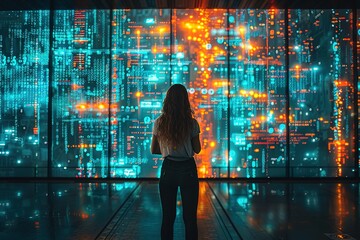 A woman stands in front of a large window with a cityscape in the background