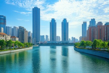 Fototapeta premium An open view of the river and modern urban architecture skyline panorama in Tianjin China with generative ai