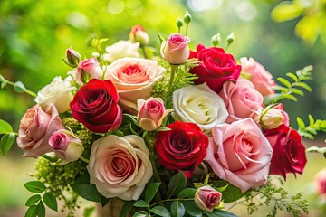 Obraz premium Soft focus blurred background featuring a lush arrangement of romantic red, pink, and white roses with delicate petals and lush green foliage, creating a serene atmosphere.